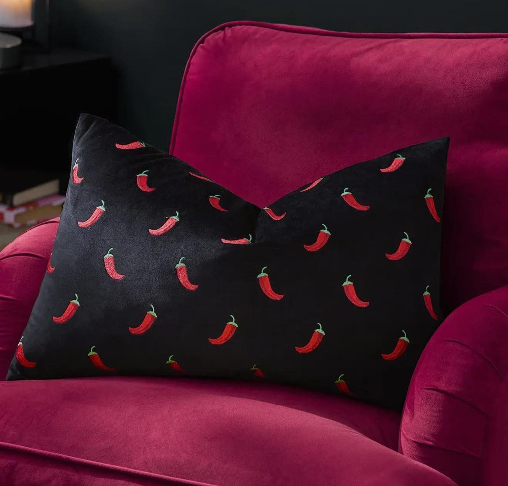 Velvet Chili Pepper Velvet Pillow – Black Boho Accent Cushion