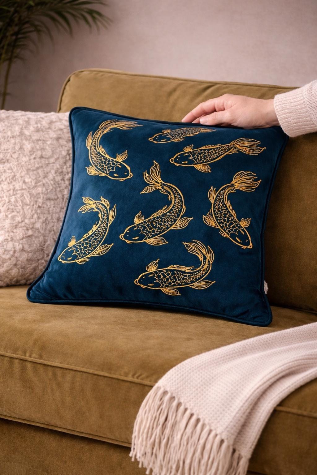 Petrol Blue Velvet Pillow Cover – Gold Koi Japanese Decor