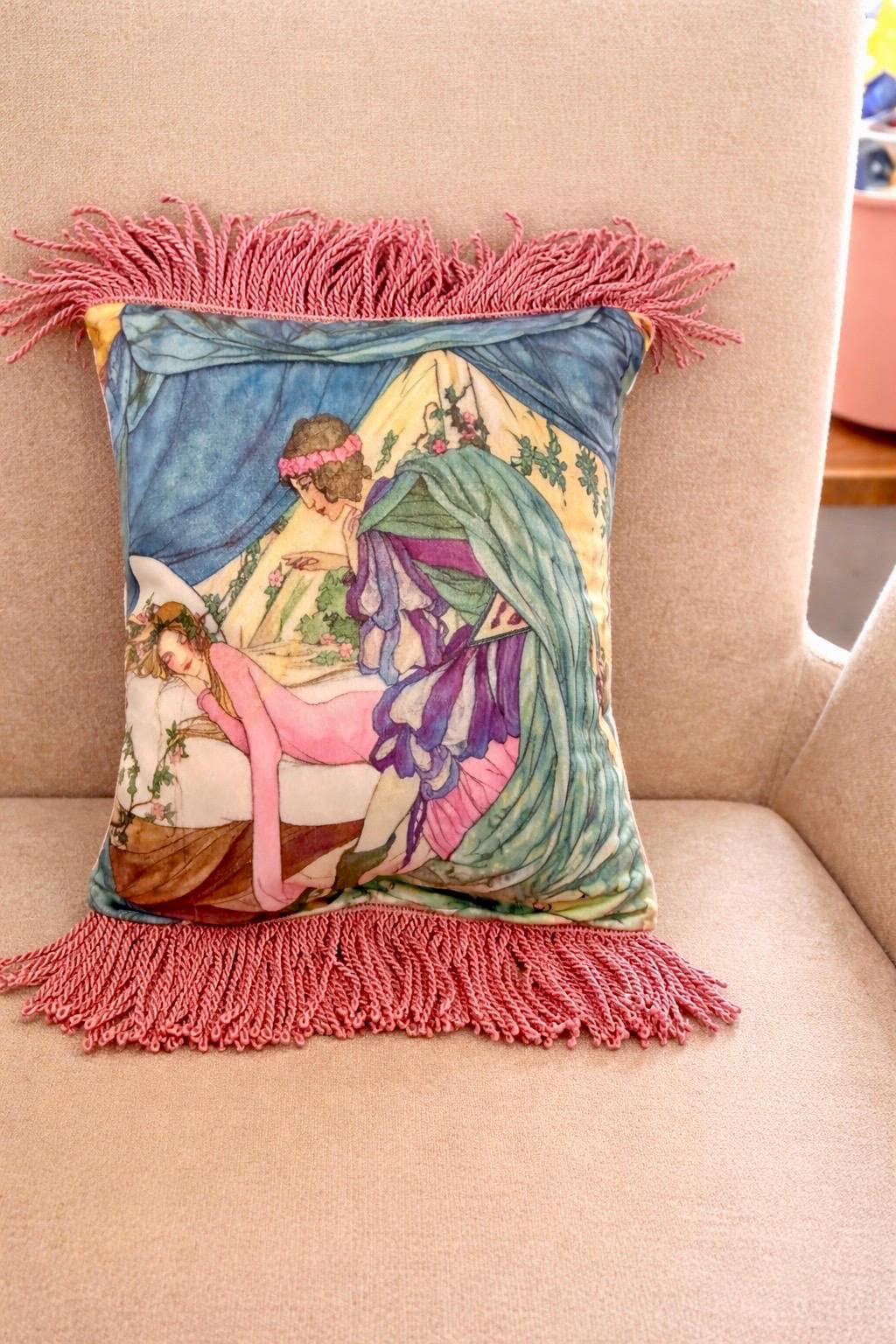 Sleeping Beauty Art Pillow Cover – Fairytale Illustration, Violet Accent & Fringe