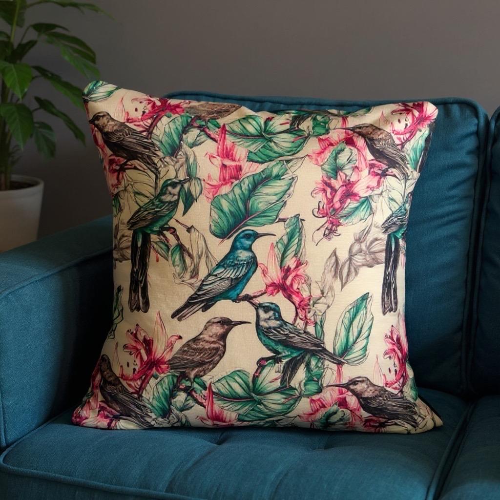 Songbirds Print Pillow: Jacquard Decorative Throw Pillow 16 by 16in