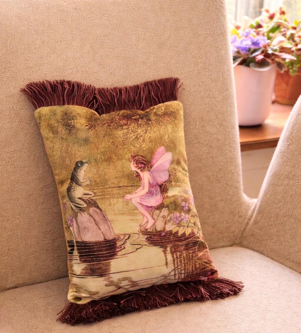 Fairy Tale Velvet Pillow Cover – Princess & Frog Throw Cushion | Storybook Decorative Pillow | Boho Eclectic Home Decor 14x16”