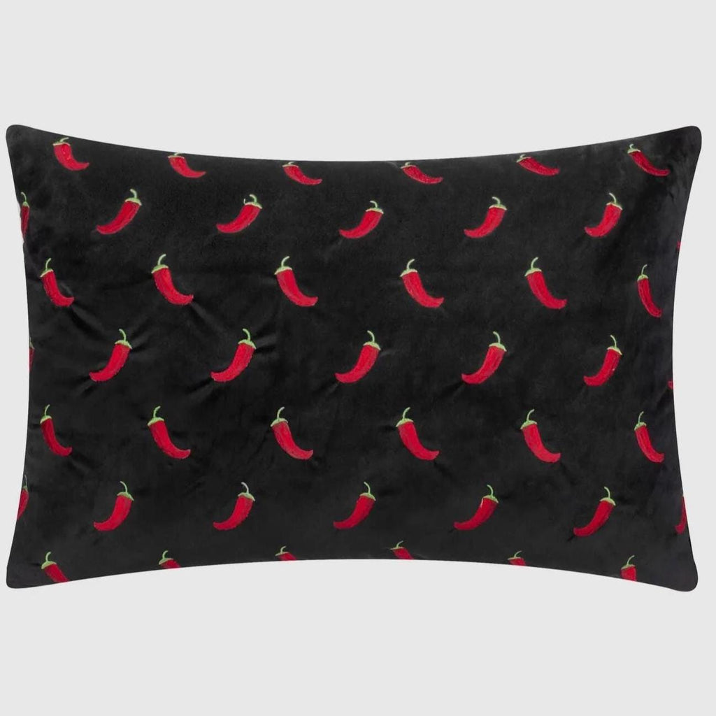 Velvet Chili Pepper Velvet Pillow – Black Boho Accent Cushion