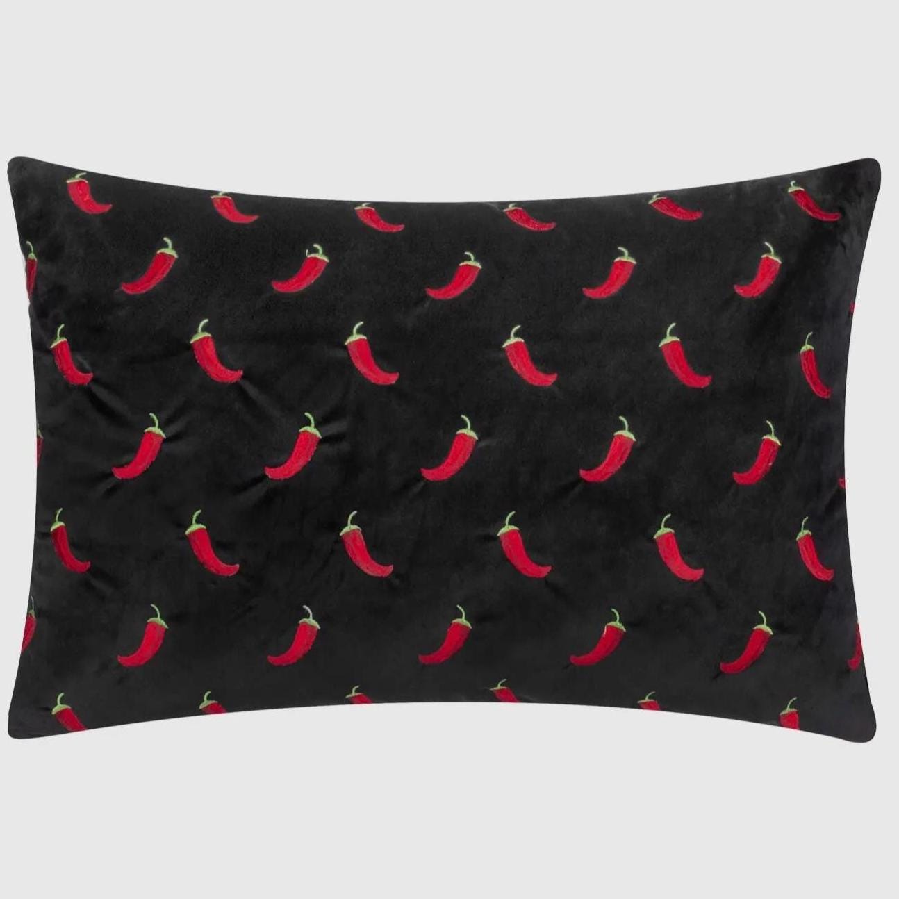 Velvet Chili Pepper Velvet Pillow – Black Boho Accent Cushion