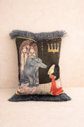 Beauty and the Beast Velvet Pillow Cover – Vintage Storybook Cushion with Fringe