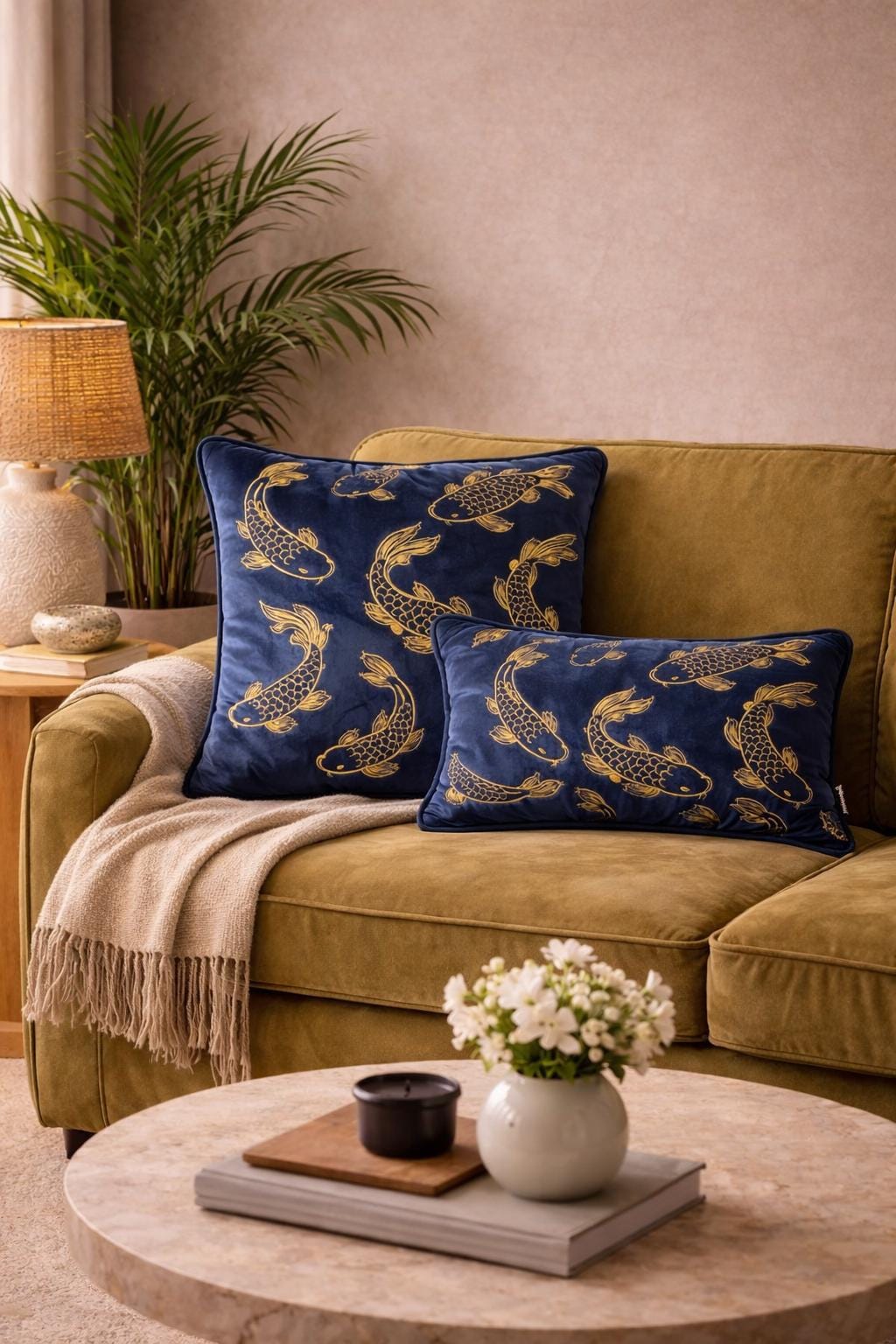 Navy Velvet Pillow Cover with Gold Koi – Luxury Cushion for Sofa or Bed