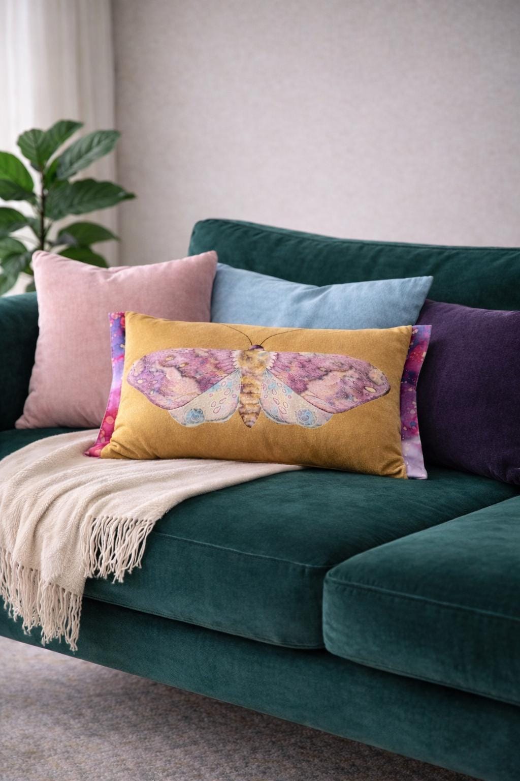 Aurora Moth Pillow Cover: Gold Velvet, Boho Home Decor