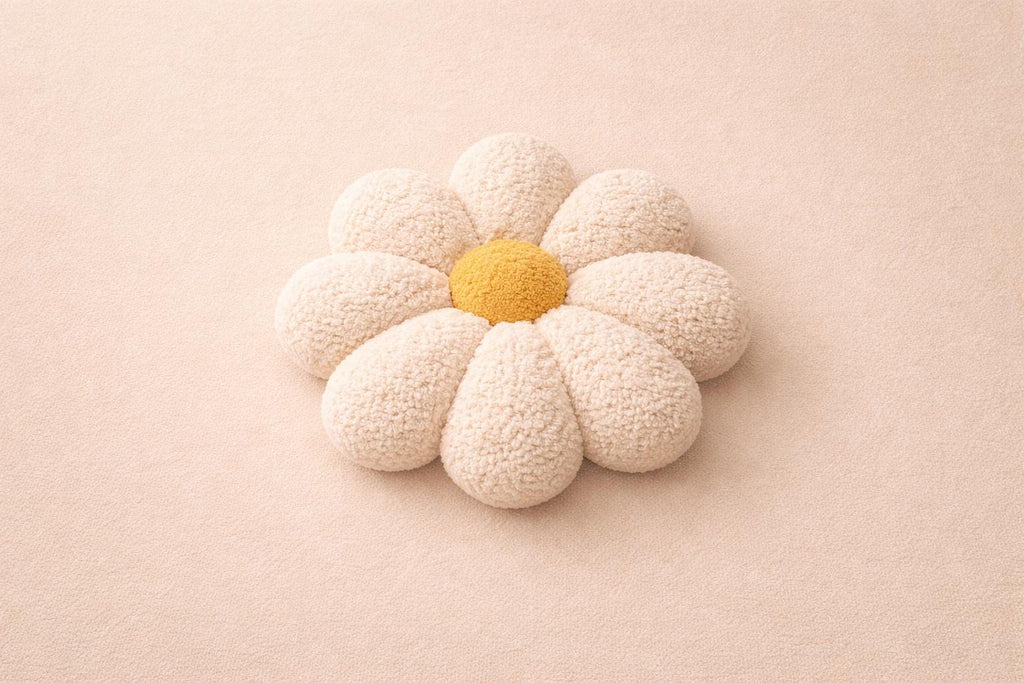 Bouclé Daisy Pillow – Handmade Plush Nursery Cushion, 20 in