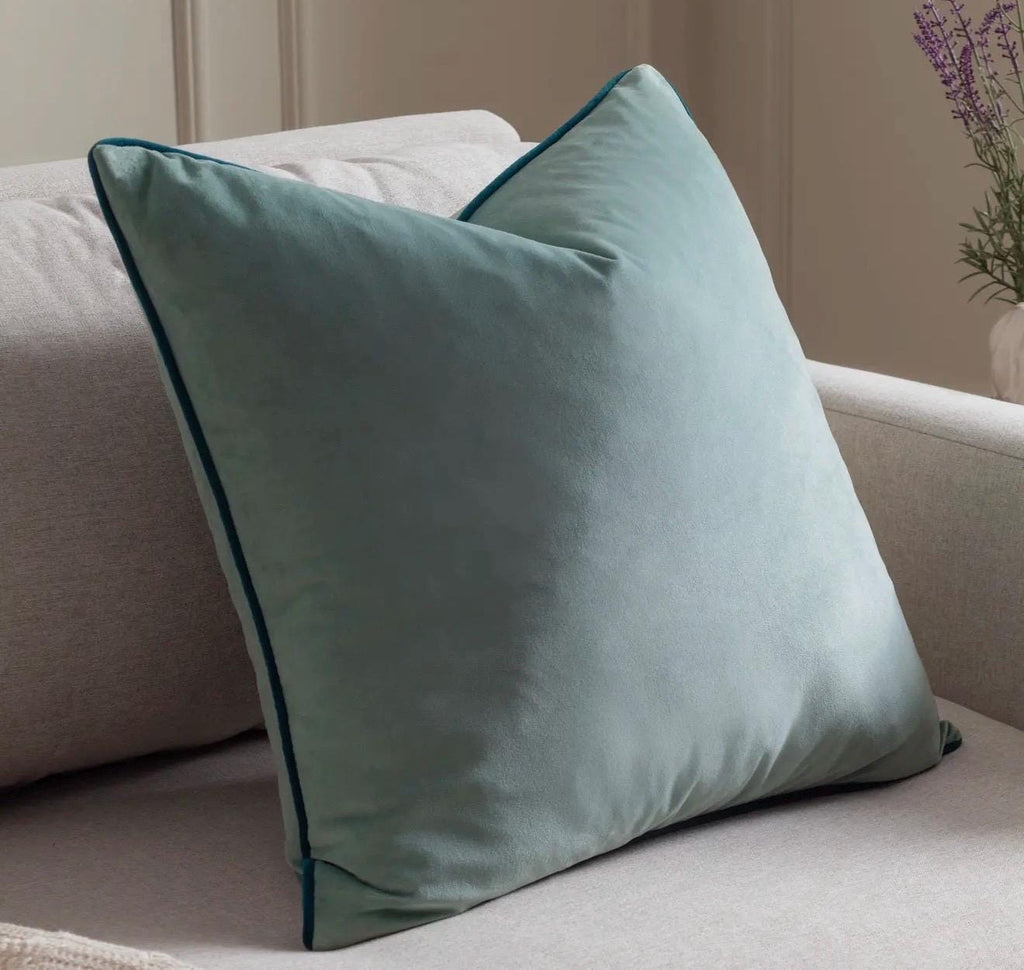 Teal Velvet Throw Pillow – Modern Cushion with Contrast Piping