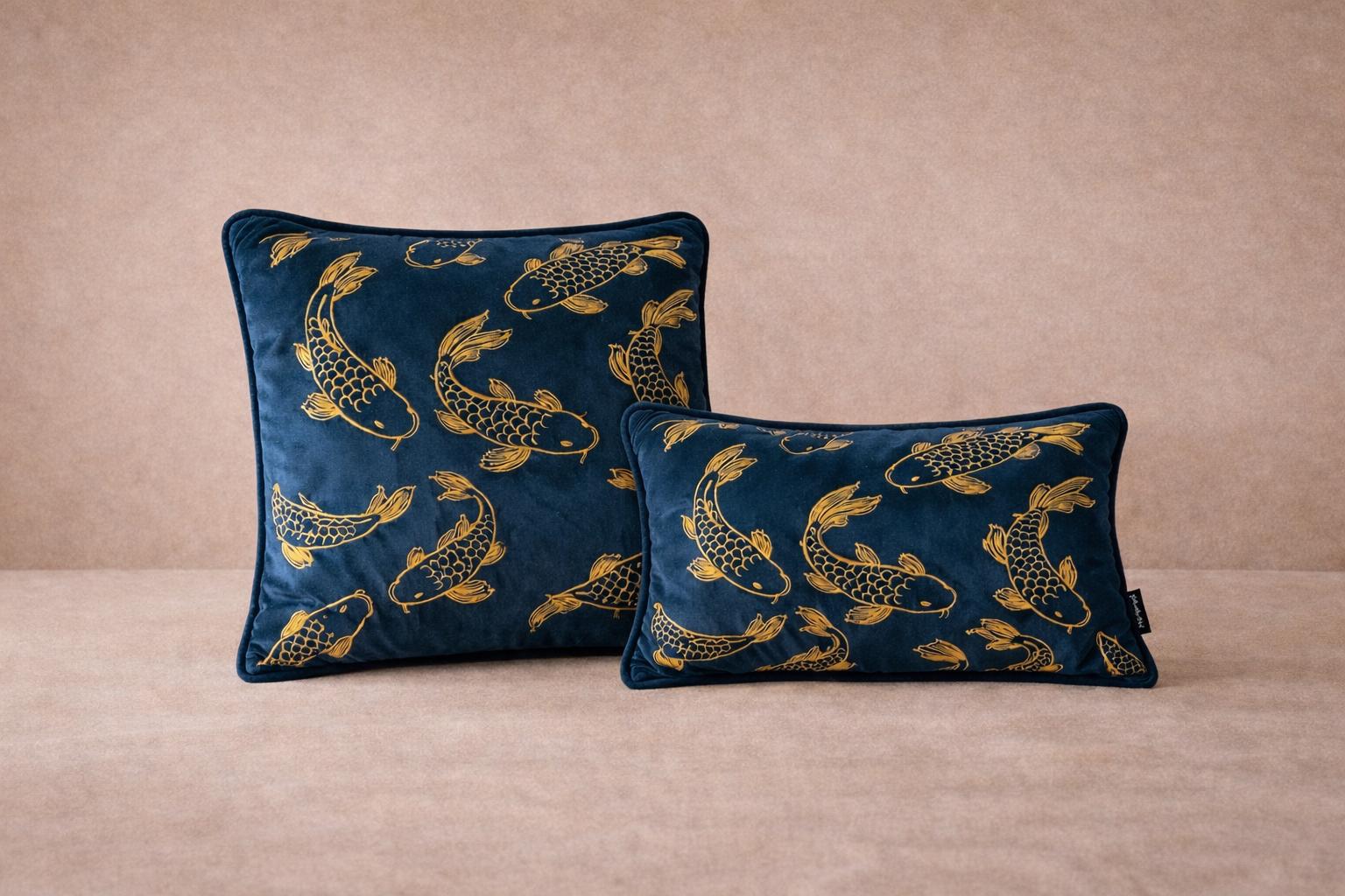 Petrol Blue Velvet Pillow Cover – Gold Koi Japanese Decor
