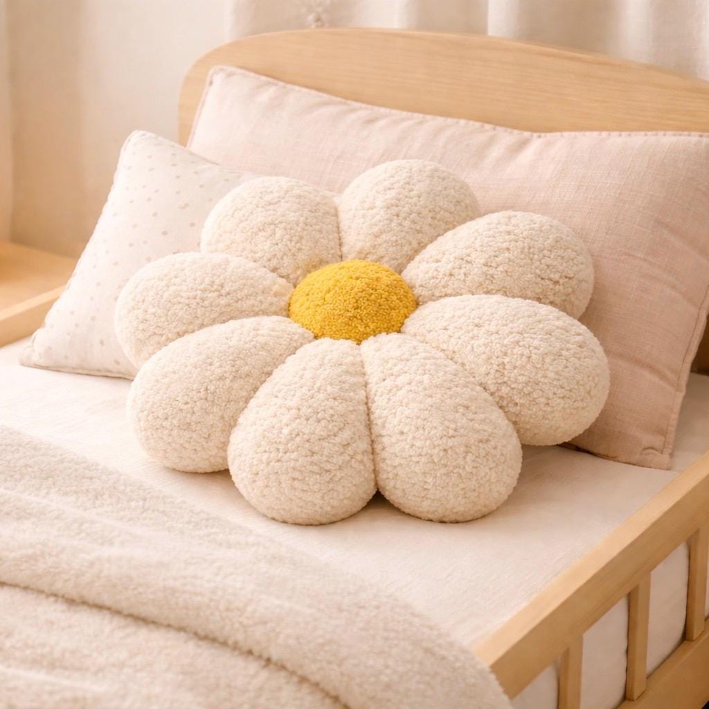 Bouclé Daisy Pillow – Handmade Plush Nursery Cushion, 20 in