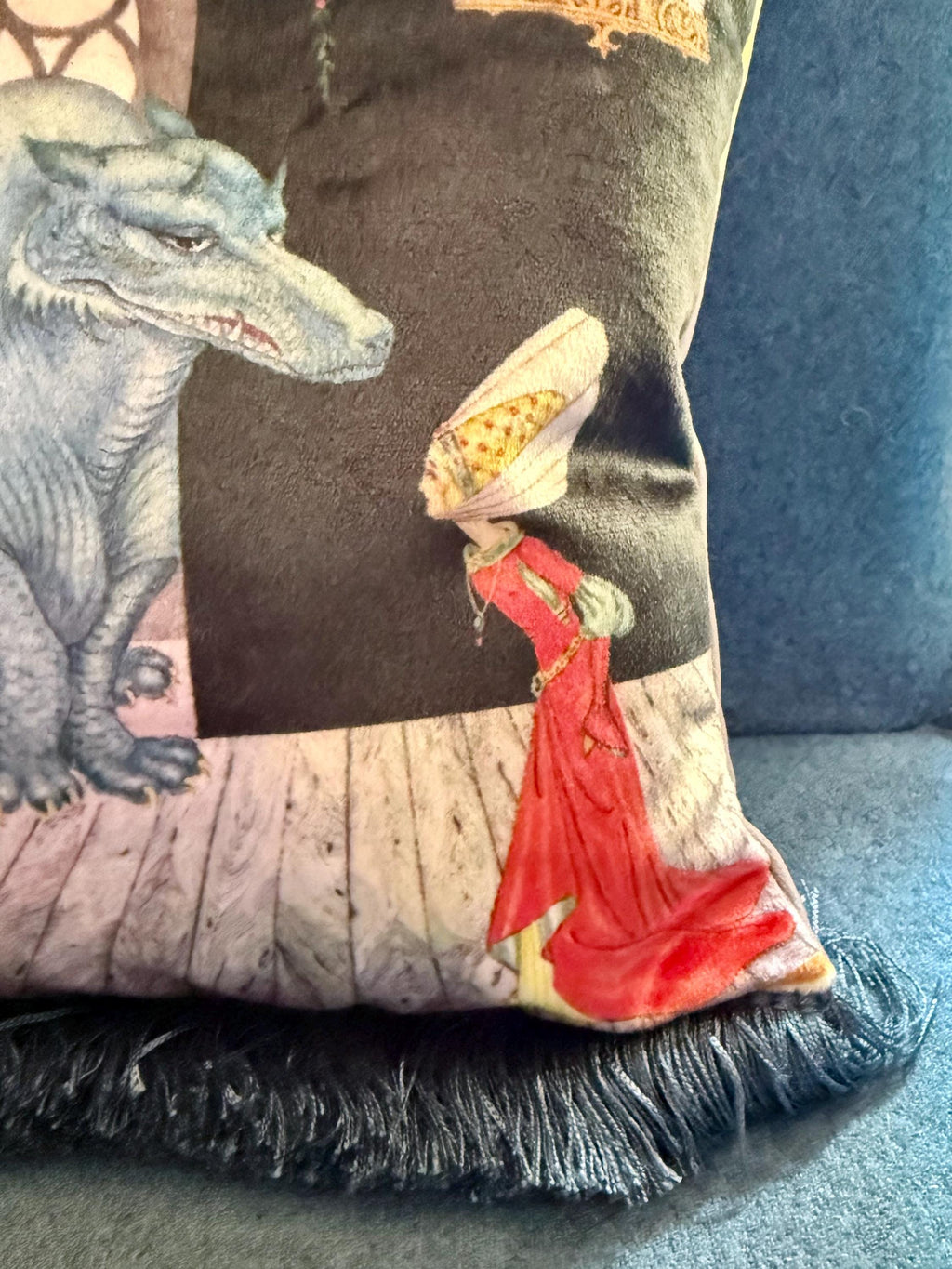Beauty and the Beast Velvet Pillow Cover – Vintage Storybook Cushion with Fringe