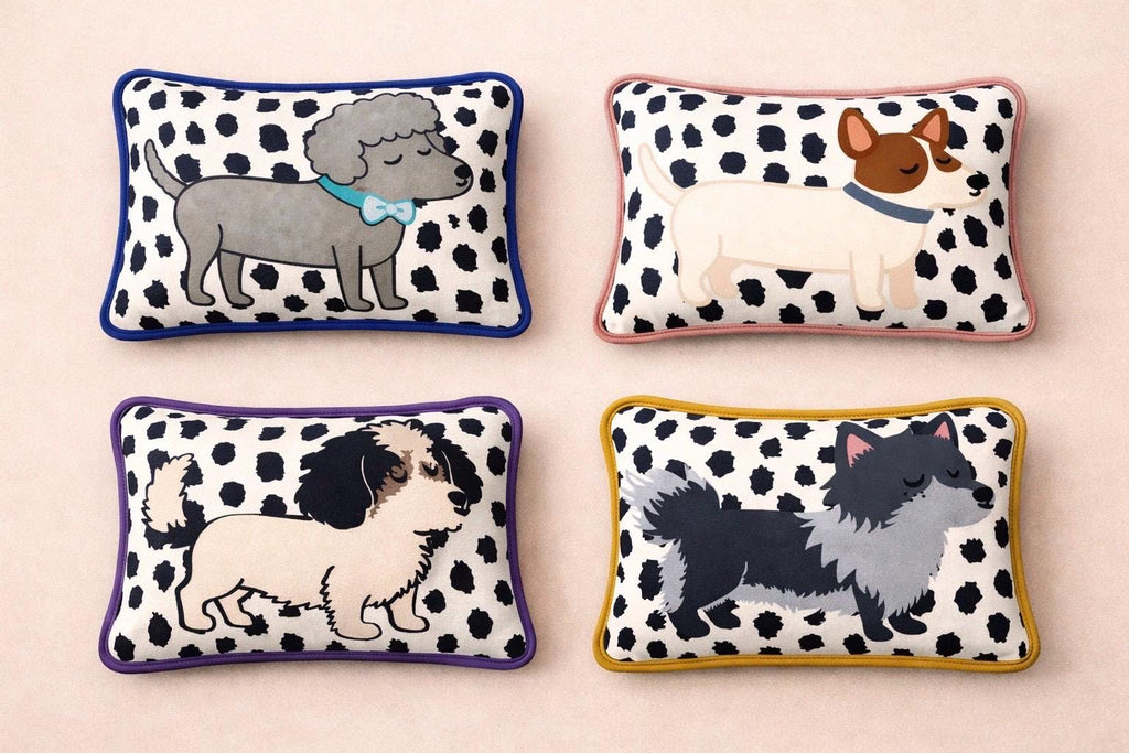 Custom Pet Portrait Pillow – Handmade Illustrated Dog Cushion