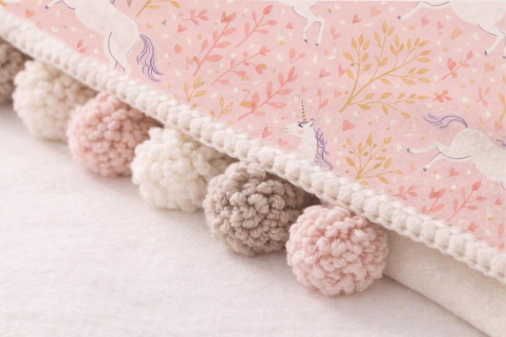 Pink Unicorn Baby Blanket – Minky Throw with Pom Pom Trim
