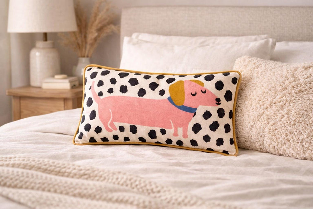 Dachshund Pillow • Plush Sausage Dog Cushion, Dalmatian Print