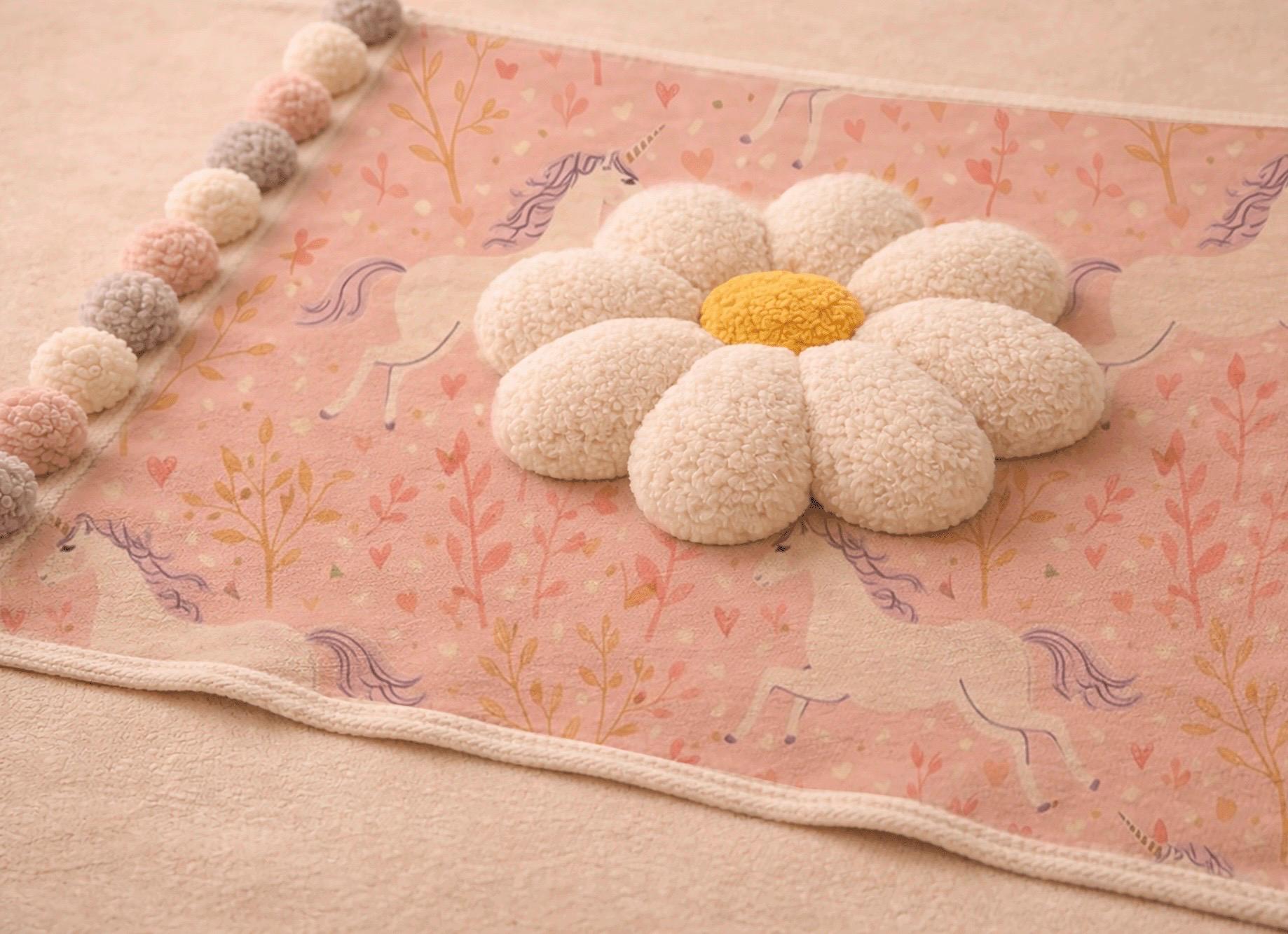 Unicorn Baby Blanket and Daisy Pillow Set, Plush Nursery Decor