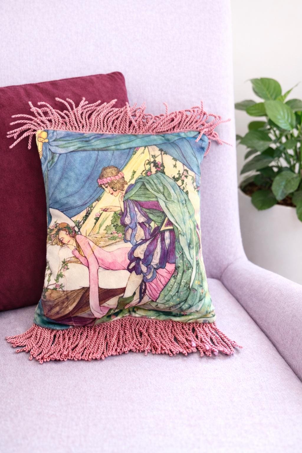 Sleeping Beauty Art Pillow Cover – Fairytale Illustration, Violet Accent & Fringe