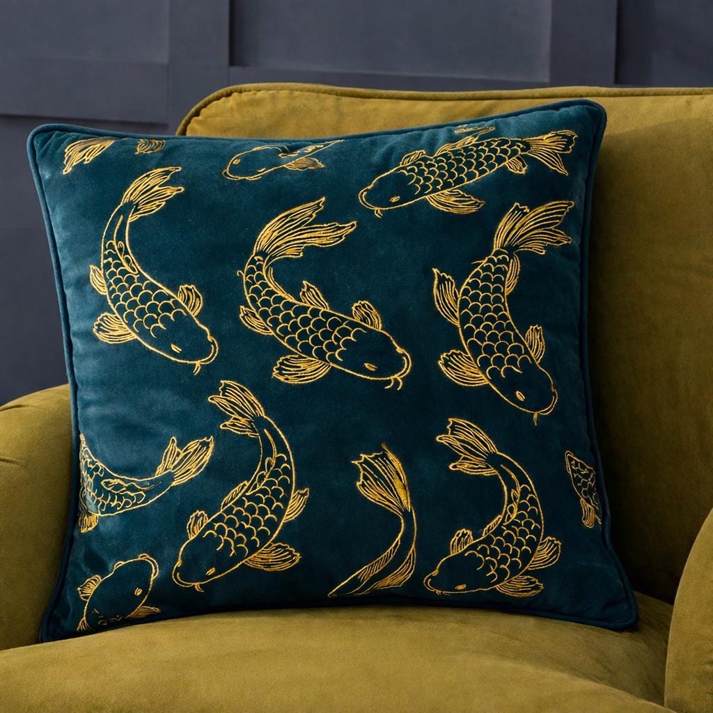 Petrol Blue Velvet Pillow Cover – Gold Koi Japanese Decor