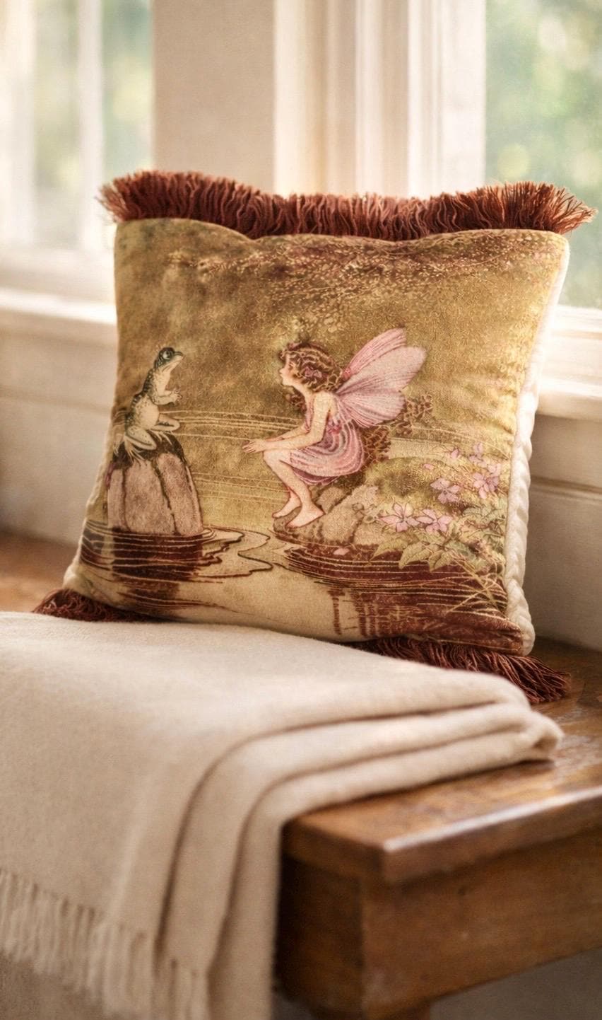 Fairy Tale Velvet Pillow Cover – Princess & Frog Throw Cushion | Storybook Decorative Pillow | Boho Eclectic Home Decor 14x16”