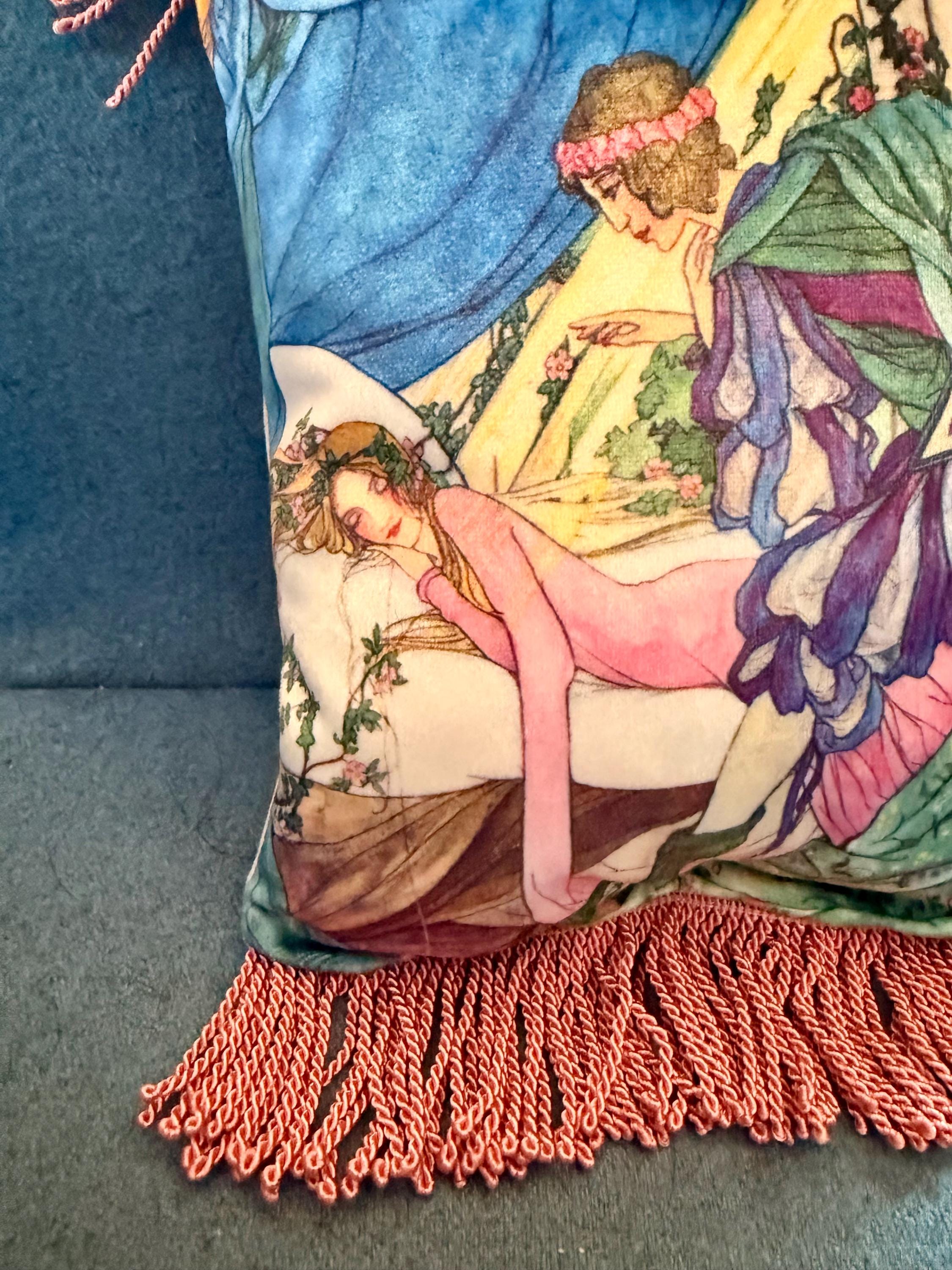 Sleeping Beauty Art Pillow Cover – Fairytale Illustration, Violet Accent & Fringe