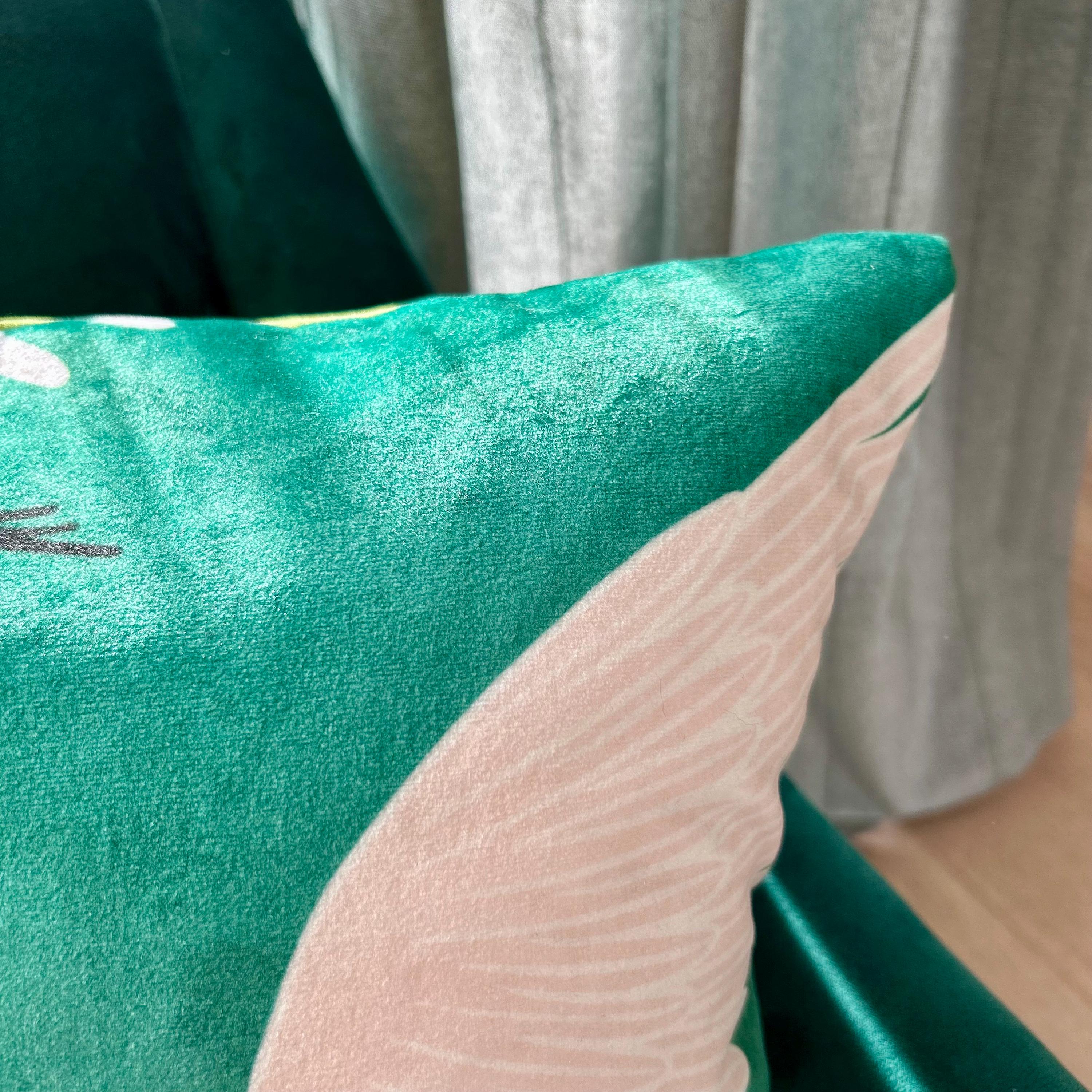 Crane on Green Pillow: Soft Stain-Resistant Throw Cushion 18" by 18"