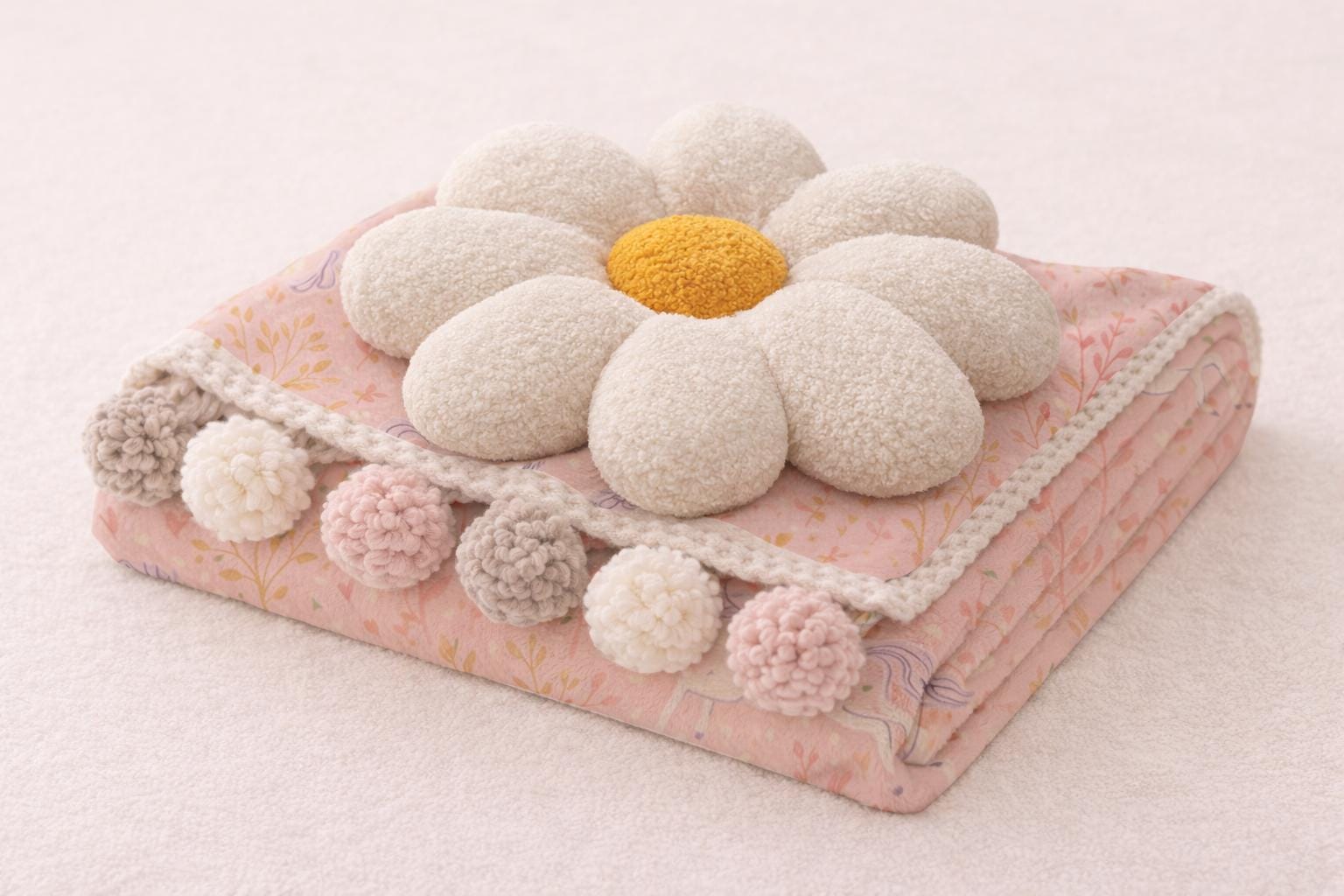 Pink Unicorn Baby Blanket – Minky Throw with Pom Pom Trim