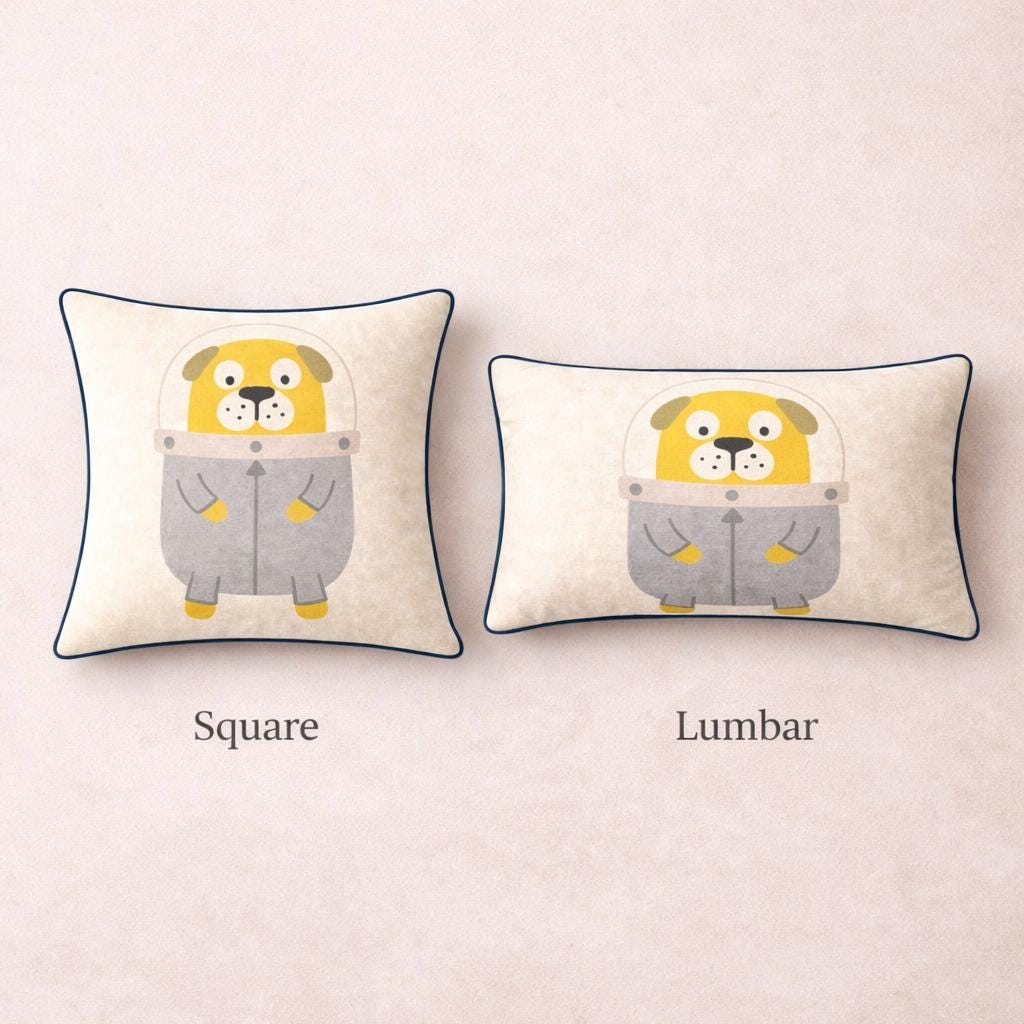 Astronaut Puppy Throw Pillow – Kids Nursery Decor, Blue Piping