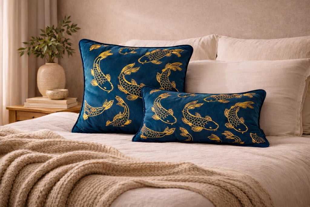Petrol Blue Velvet Pillow Cover – Gold Koi Japanese Decor