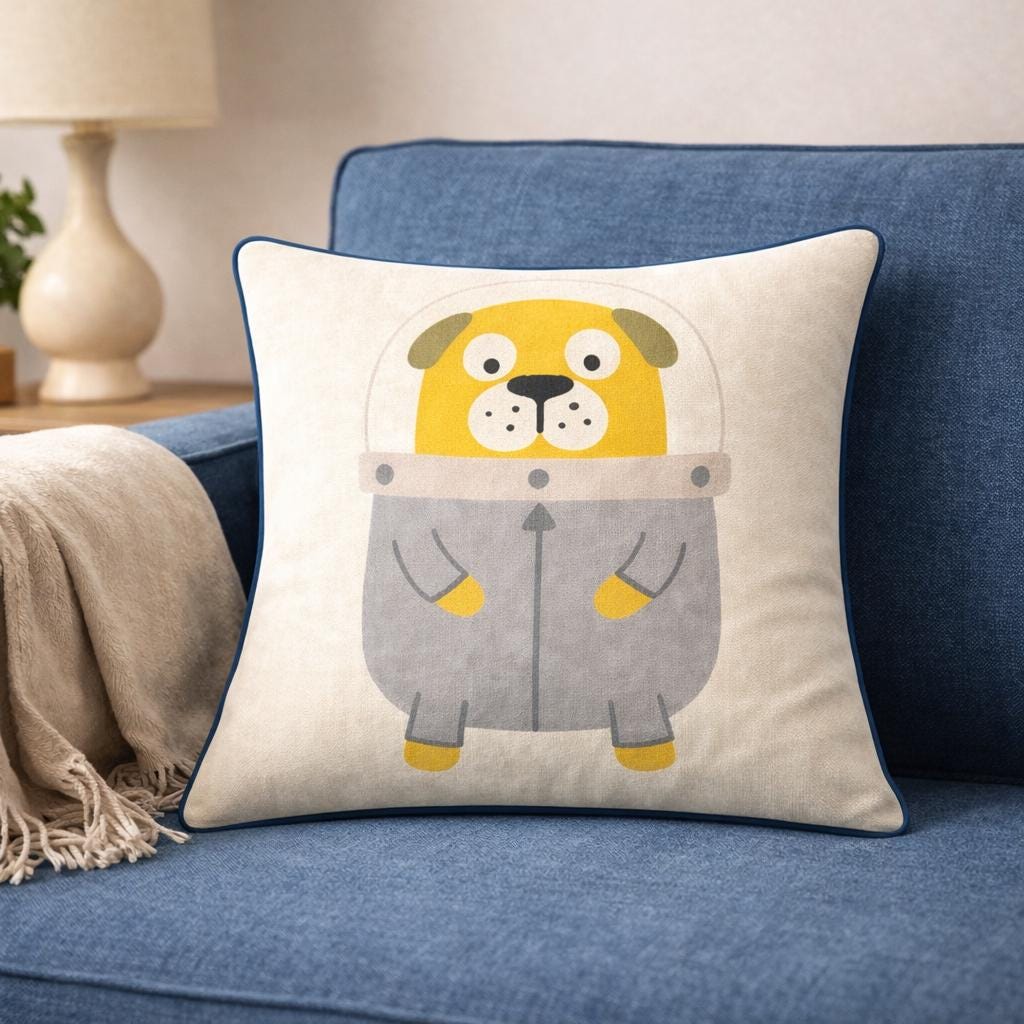 Astronaut Puppy Throw Pillow – Kids Nursery Decor, Blue Piping