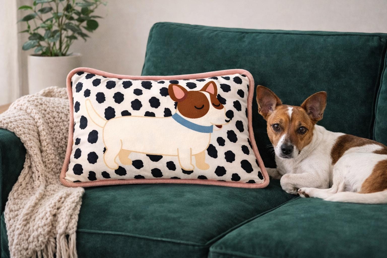 Custom Pet Portrait Pillow – Handmade Illustrated Dog Cushion