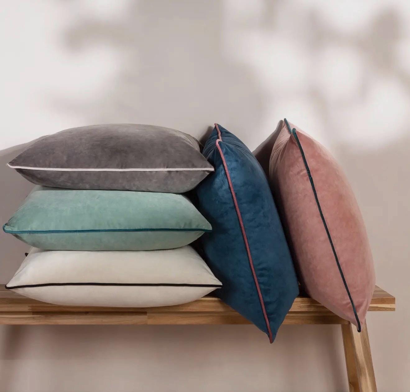 Blush Velvet Throw Pillow – Teal Piping, Luxe Home Decor