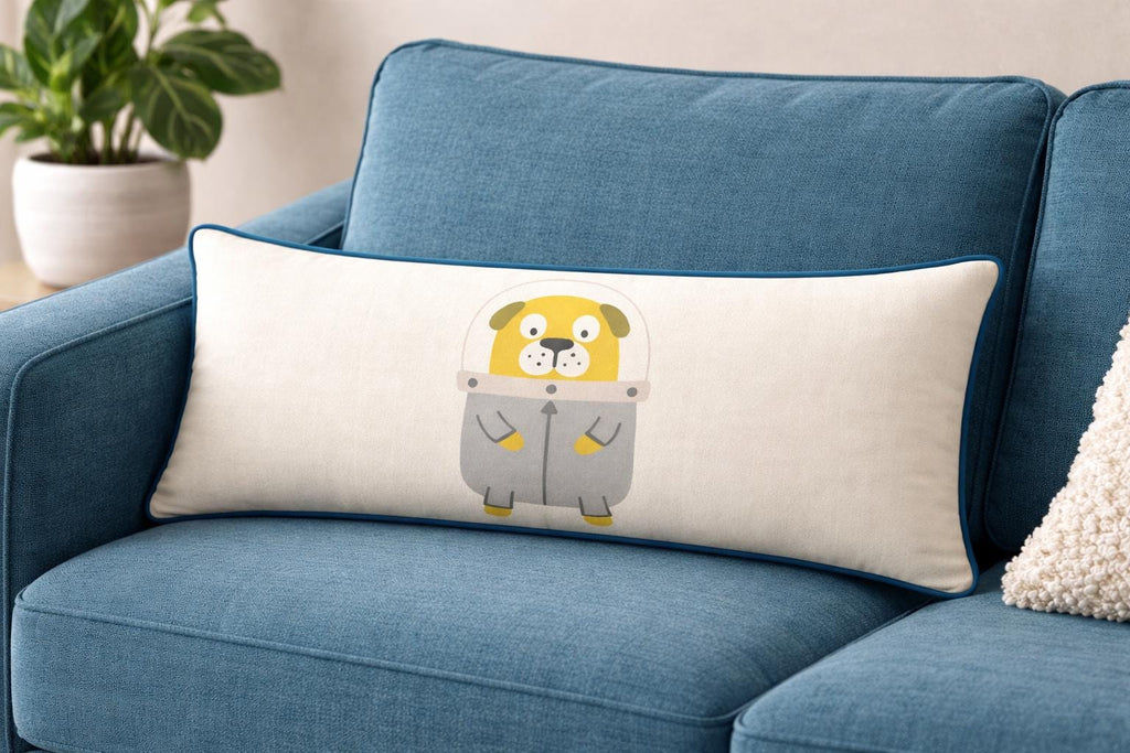 Astronaut Puppy Throw Pillow – Kids Nursery Decor, Blue Piping