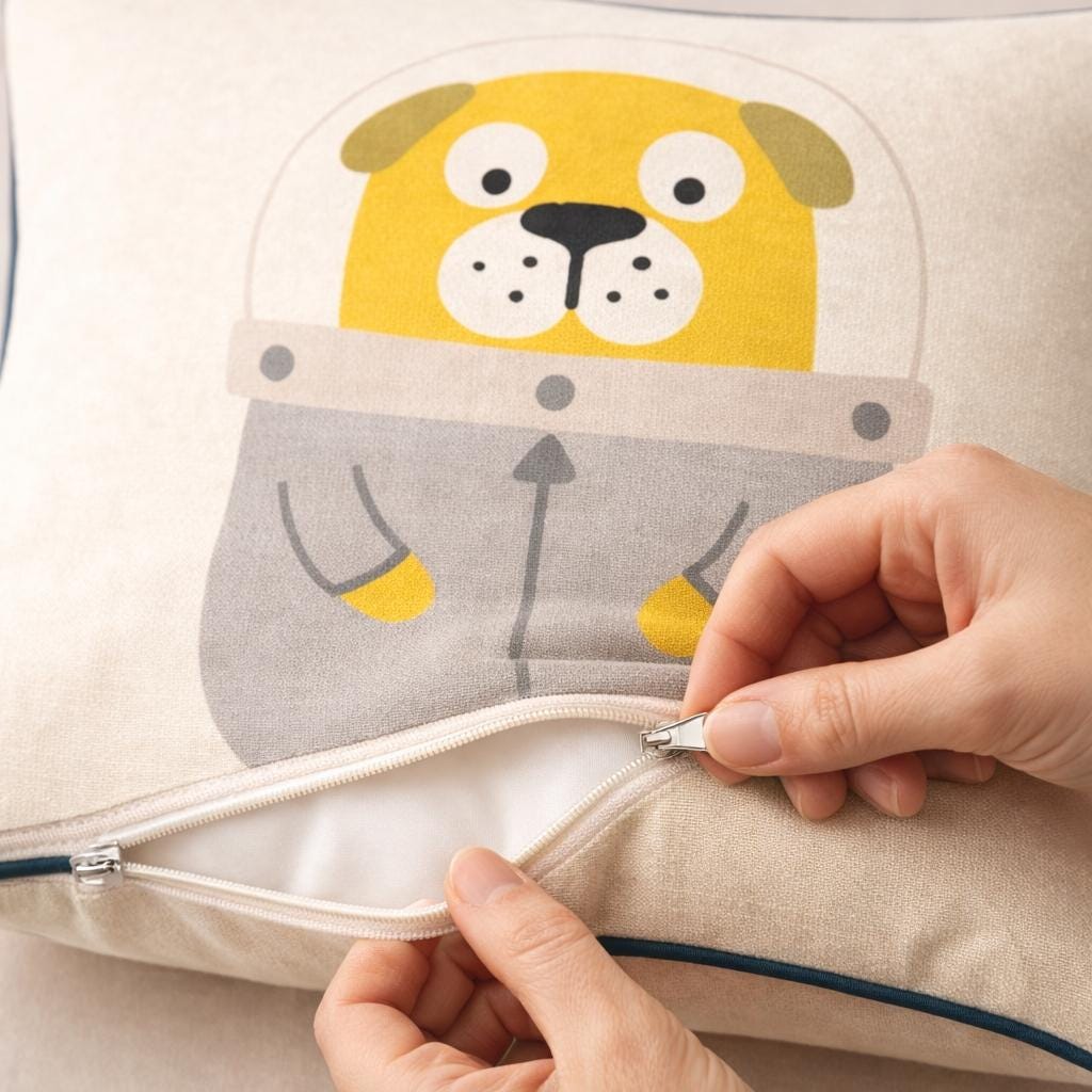 Astronaut Puppy Throw Pillow – Kids Nursery Decor, Blue Piping