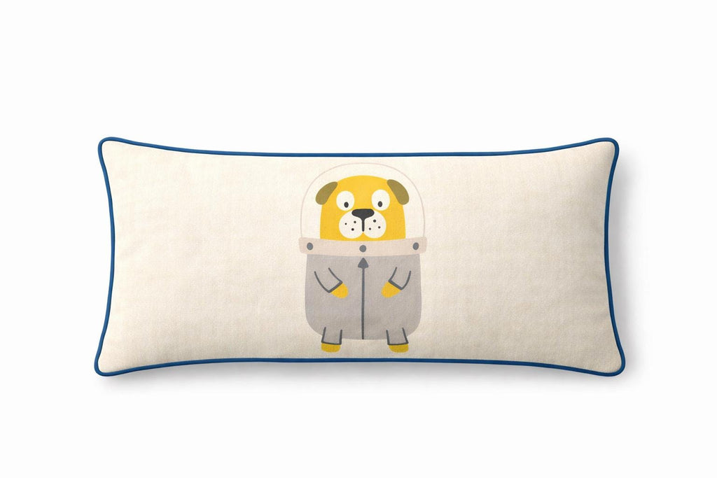 Astronaut Puppy Throw Pillow – Kids Nursery Decor, Blue Piping