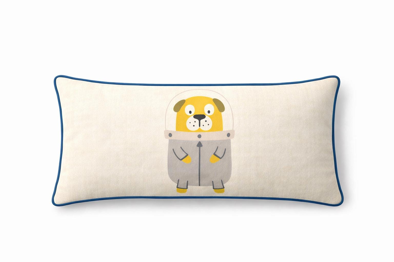 Astronaut Puppy Throw Pillow – Kids Nursery Decor, Blue Piping