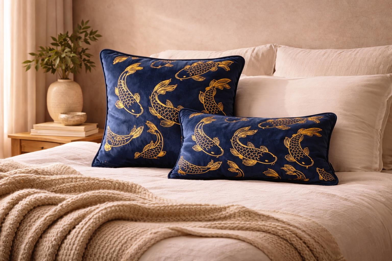 Navy Velvet Pillow Cover with Gold Koi – Luxury Cushion for Sofa or Bed