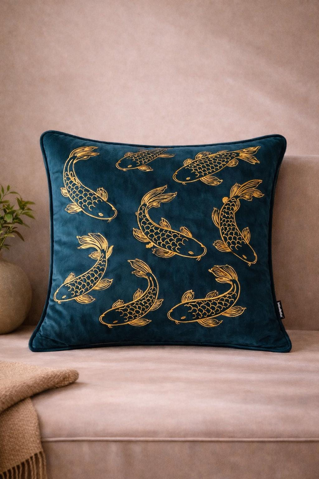 Petrol Blue Velvet Pillow Cover – Gold Koi Japanese Decor