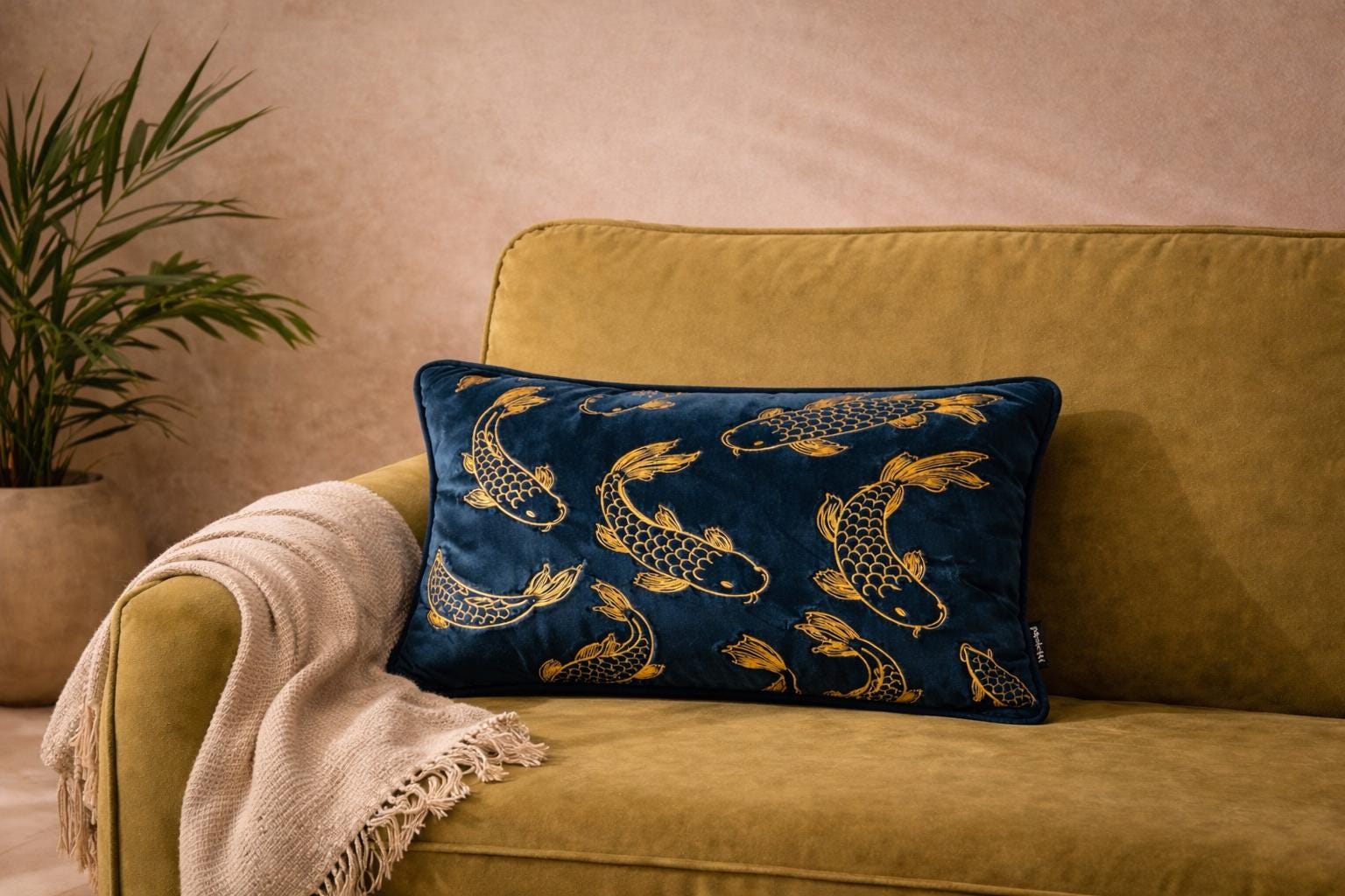 Petrol Blue Velvet Pillow Cover – Gold Koi Japanese Decor