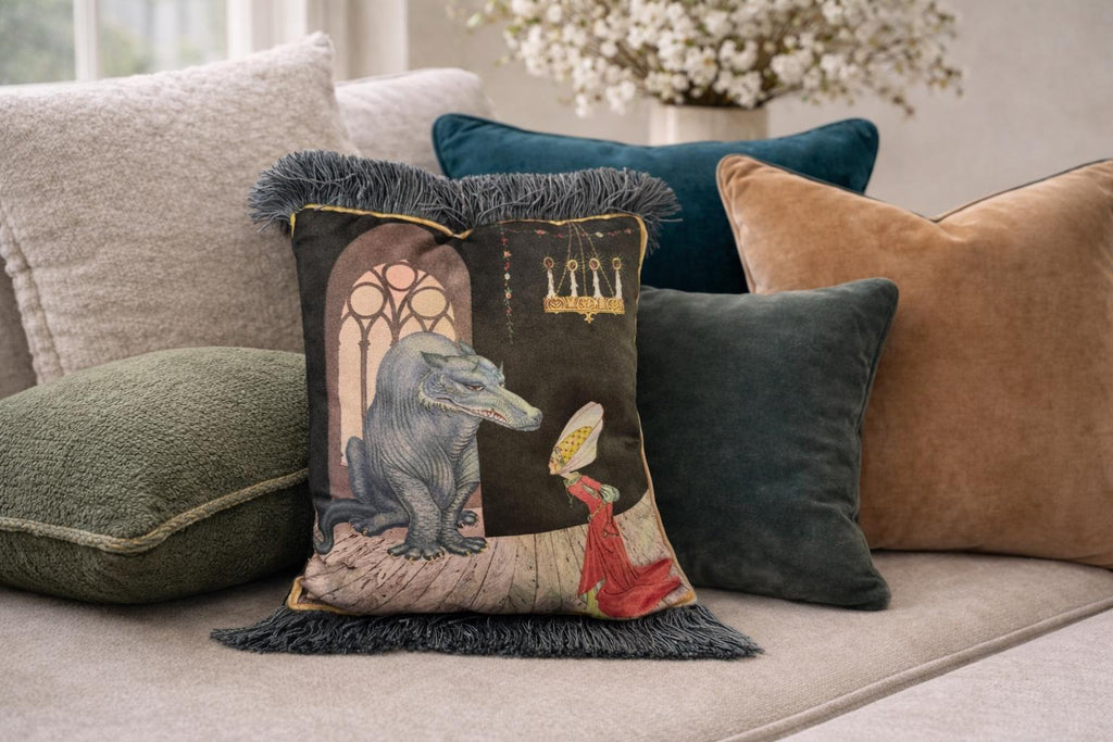 Beauty and the Beast Velvet Pillow Cover – Vintage Storybook Cushion with Fringe