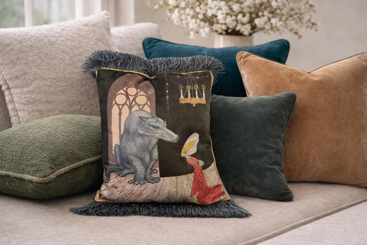 Beauty and the Beast Velvet Pillow Cover – Vintage Storybook Cushion with Fringe