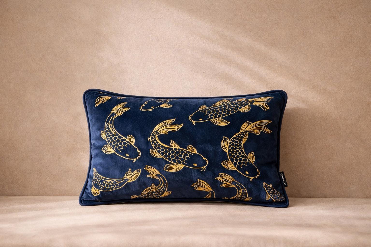 Navy Velvet Pillow Cover with Gold Koi – Luxury Cushion for Sofa or Bed