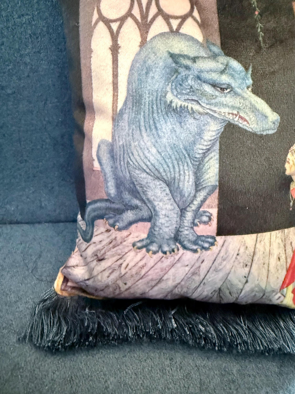 Beauty and the Beast Velvet Pillow Cover – Vintage Storybook Cushion with Fringe