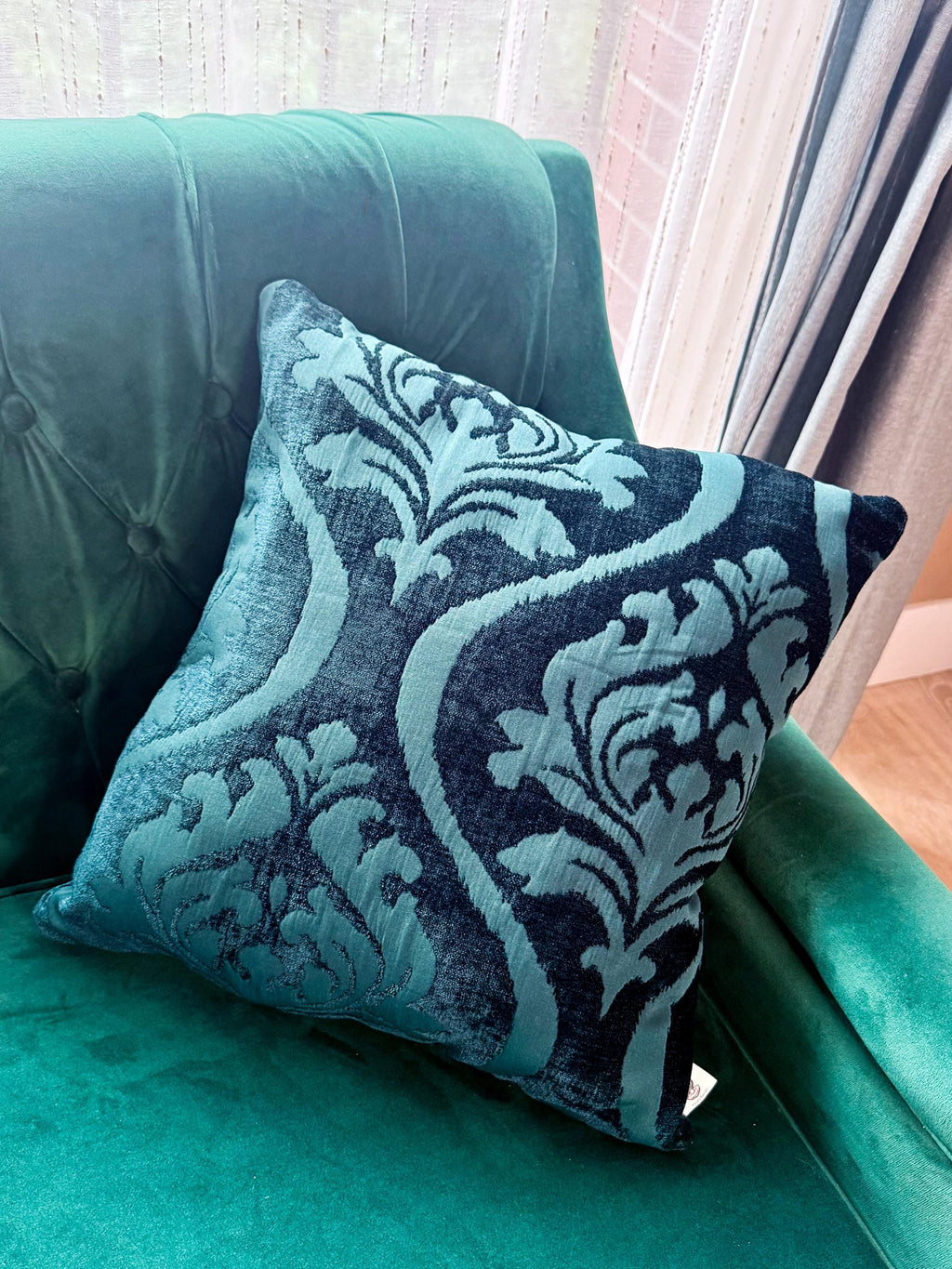 Teal Velvet Jacquard Throw Pillow: Soft Stain-Resistant Cushion