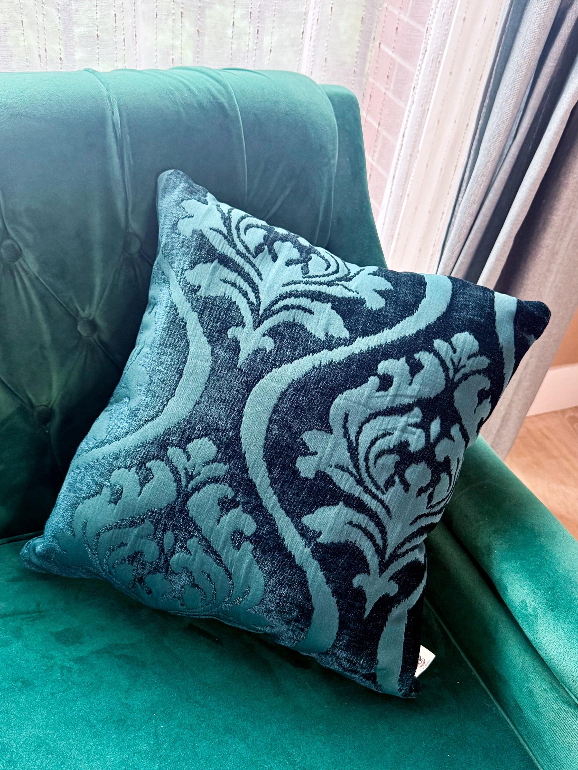Teal Velvet Jacquard Throw Pillow: Soft Stain-Resistant Cushion