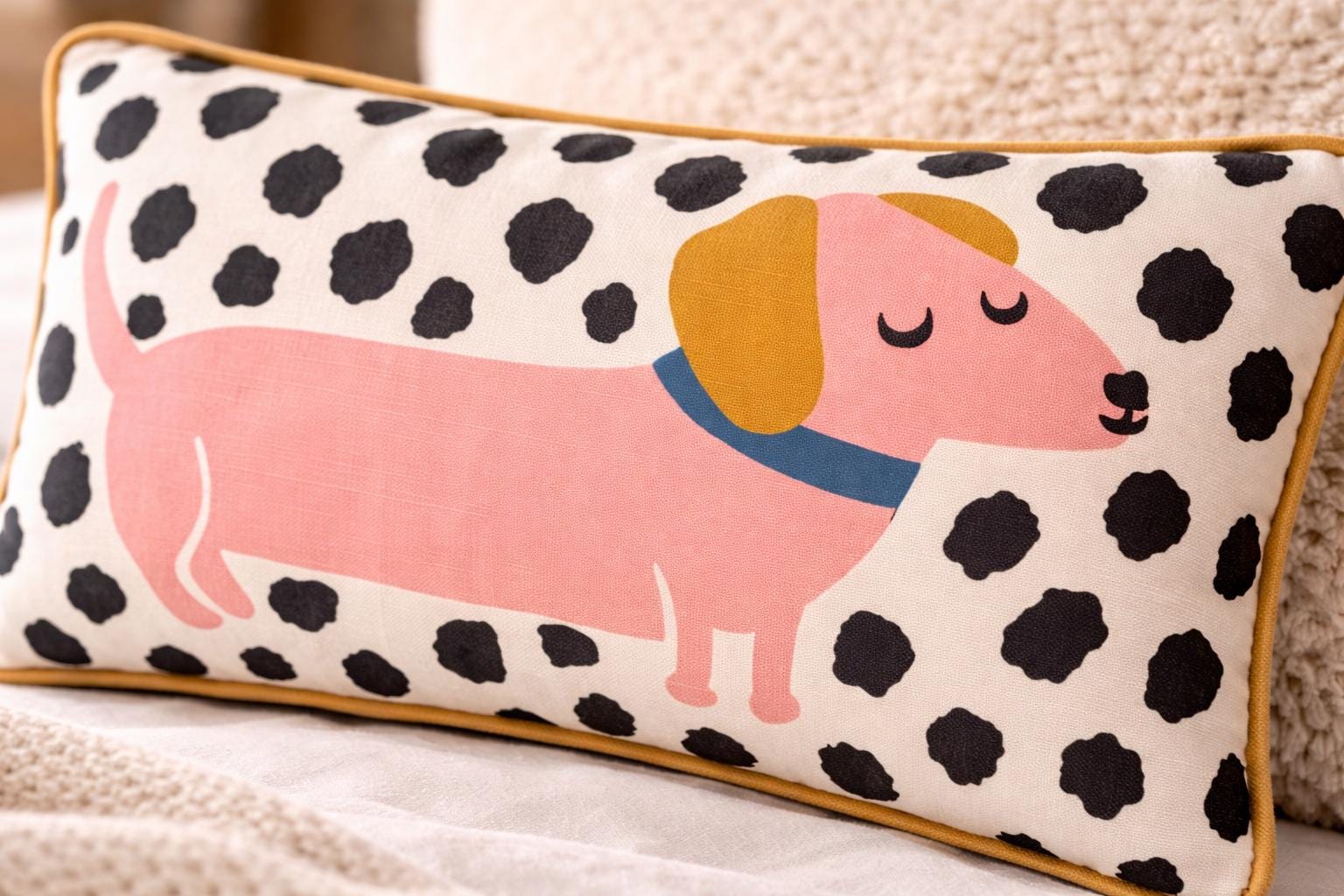 Dachshund Pillow • Plush Sausage Dog Cushion, Dalmatian Print