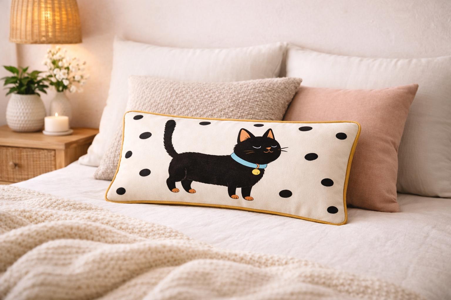 Black Cat Lumbar Pillow Cover | Polka Dot Cushion | Illustrated Pet Decor
