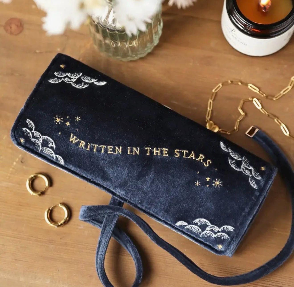 Celestial Velvet Jewelry Roll – Embroidered Stars, Astrology Travel Organizer