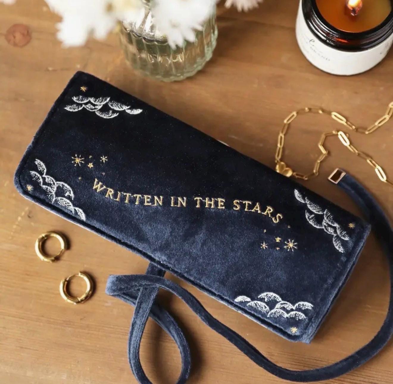 Celestial Velvet Jewelry Roll – Embroidered Stars, Astrology Travel Organizer