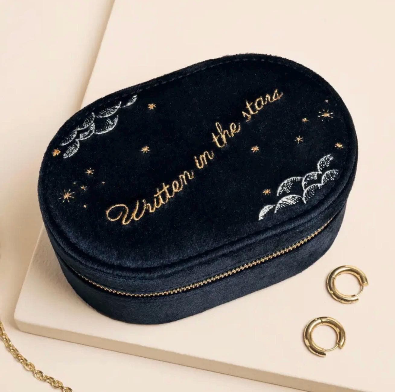 Celestial Velvet Travel Jewelry Case – Oval Organizer, Embroidered Stars, Astrology Holder