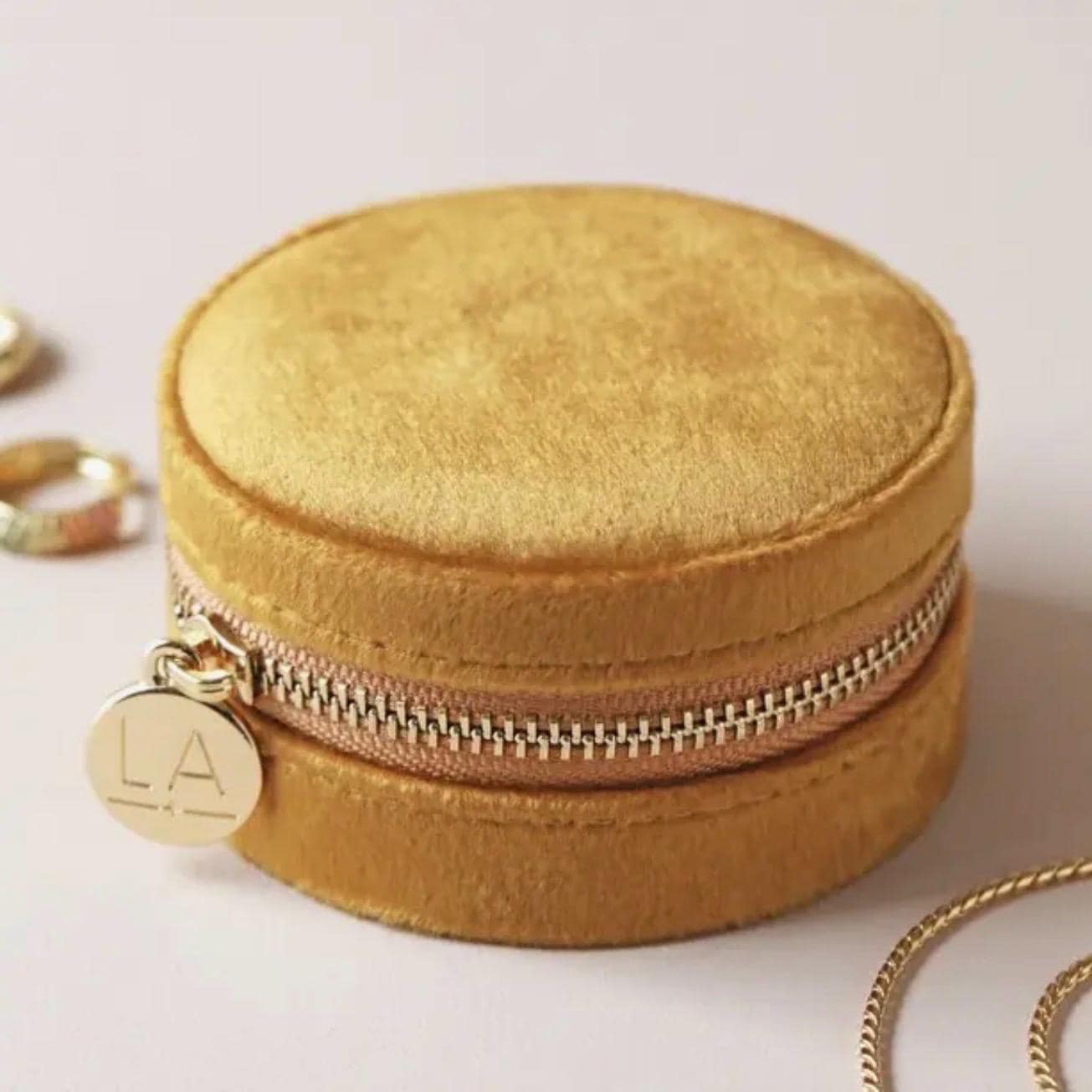 Mustard Velvet Round Travel Jewelry Case – Floral Lined Organizer Holder