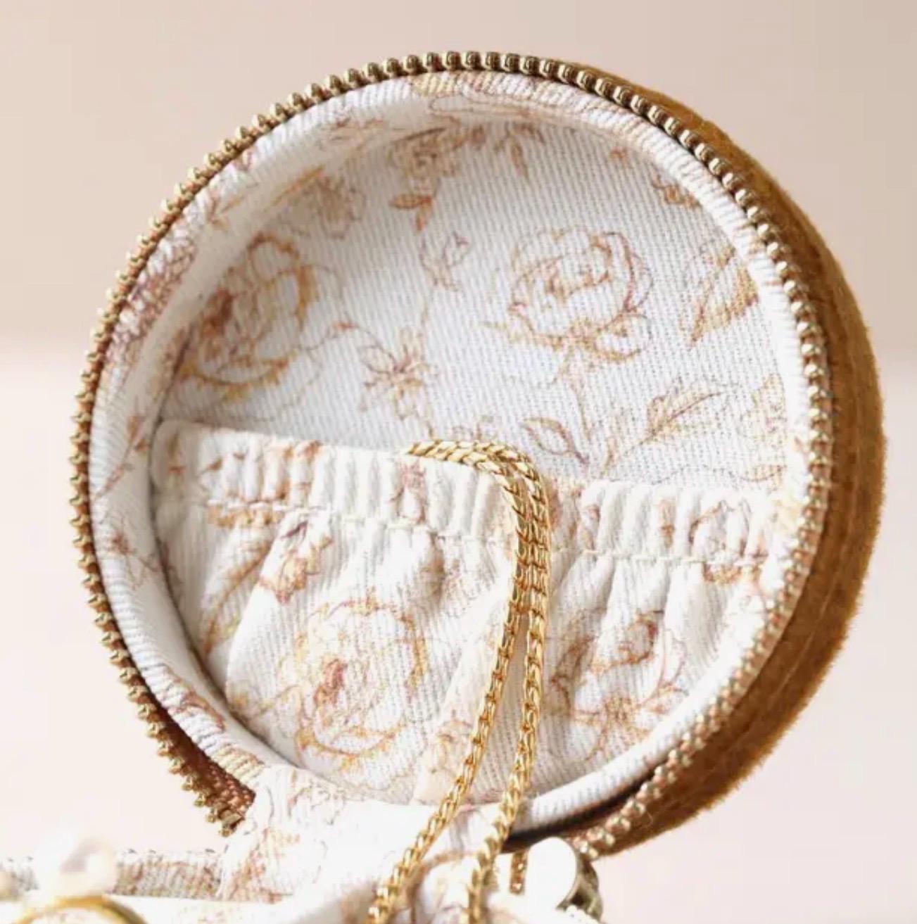 Mustard Velvet Round Travel Jewelry Case – Floral Lined Organizer Holder